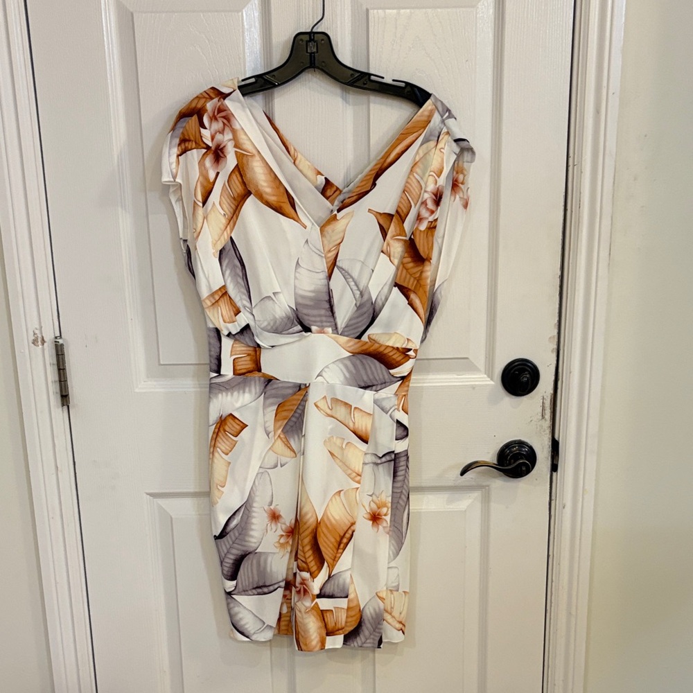 Reiss Floral V-Neck Mini Dress - Cream and Brown